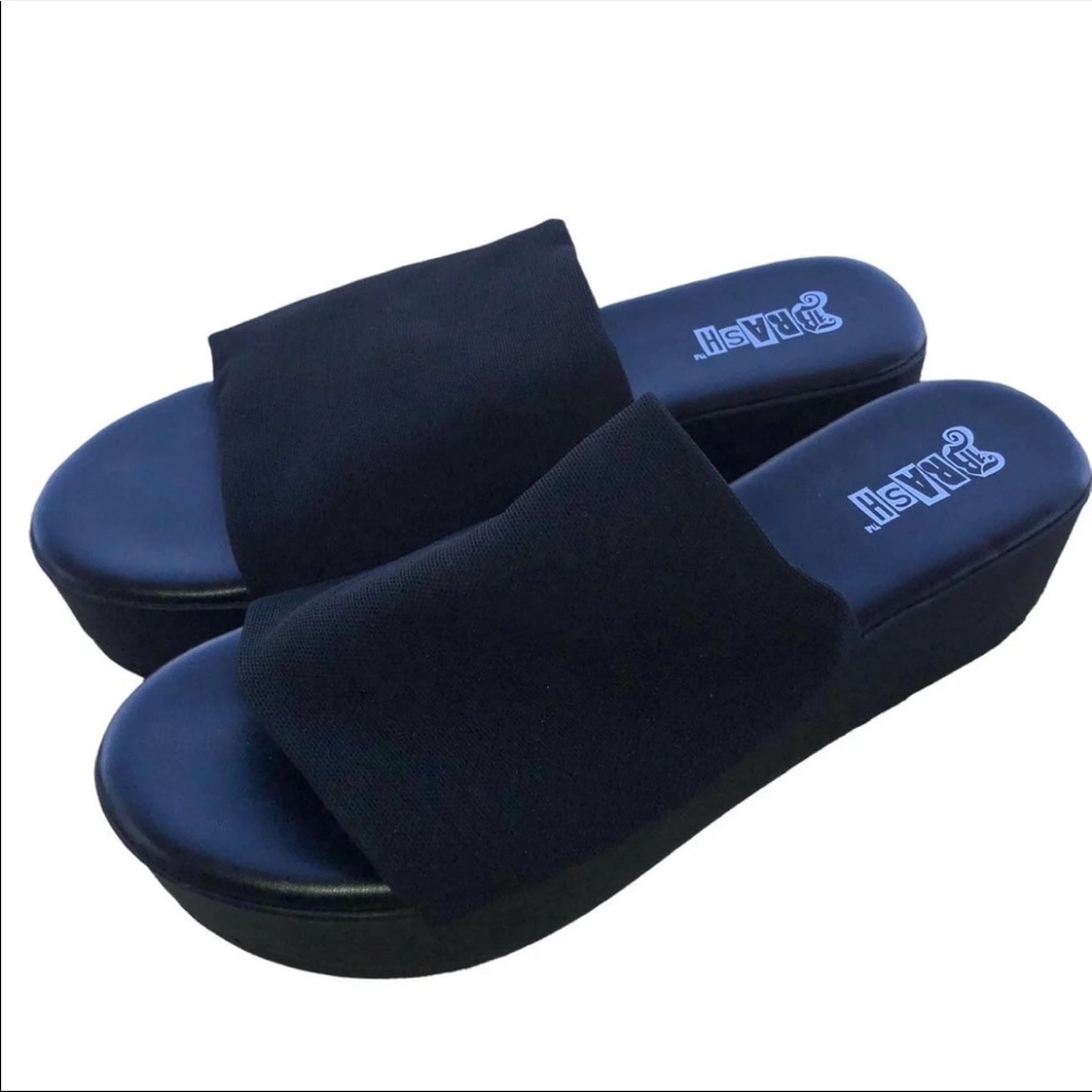 Black Stretch Mesh Slip-On Platform Sandal